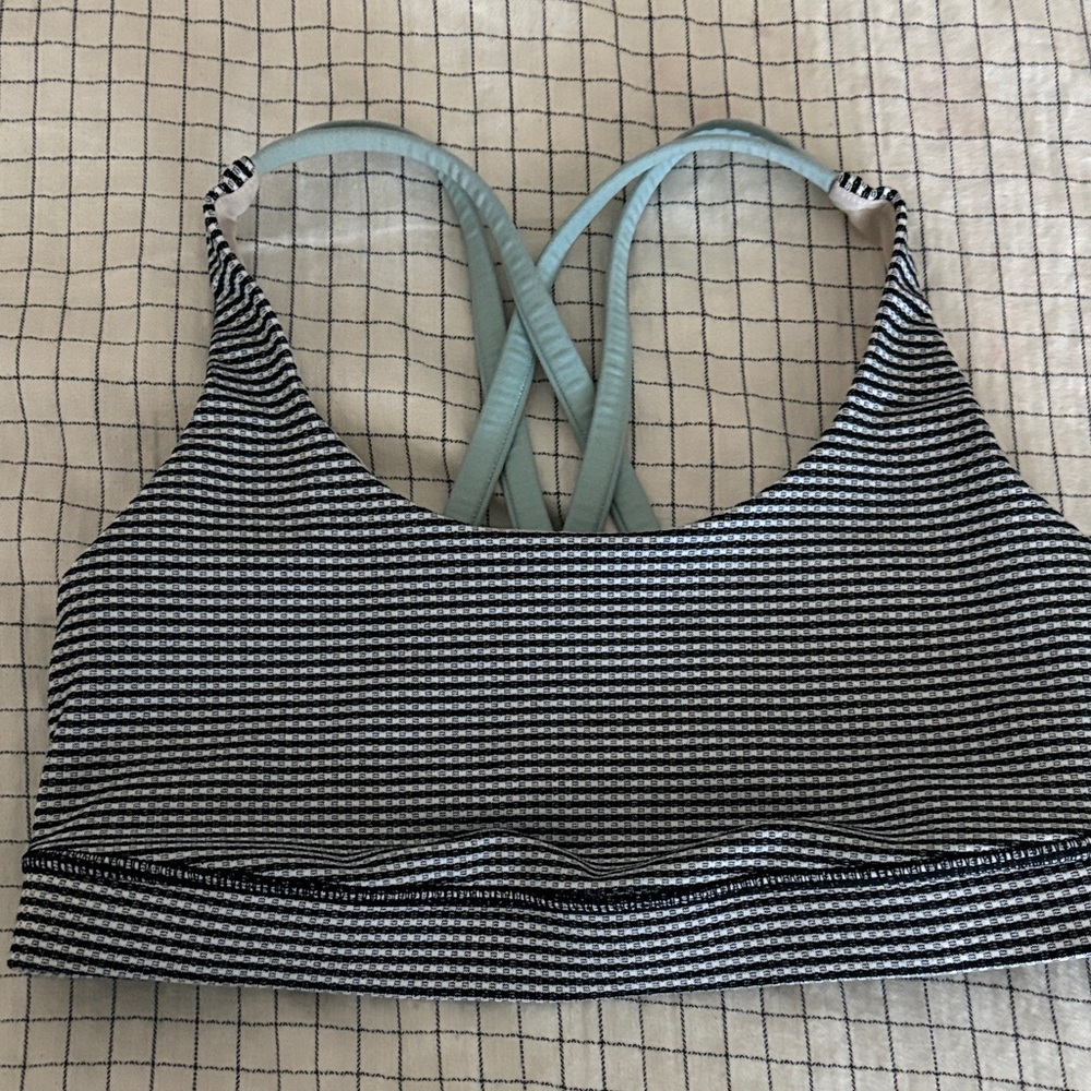 Striped Black & White Sports Bralette with Light Blue Straps